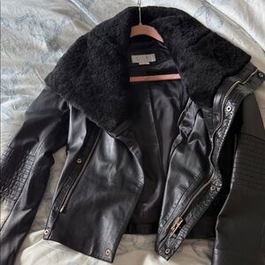 Badgley Mischka Women's Black Leather Jacket with Faux Fur Collar